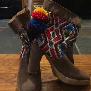 Suede embroidered pom pom boots